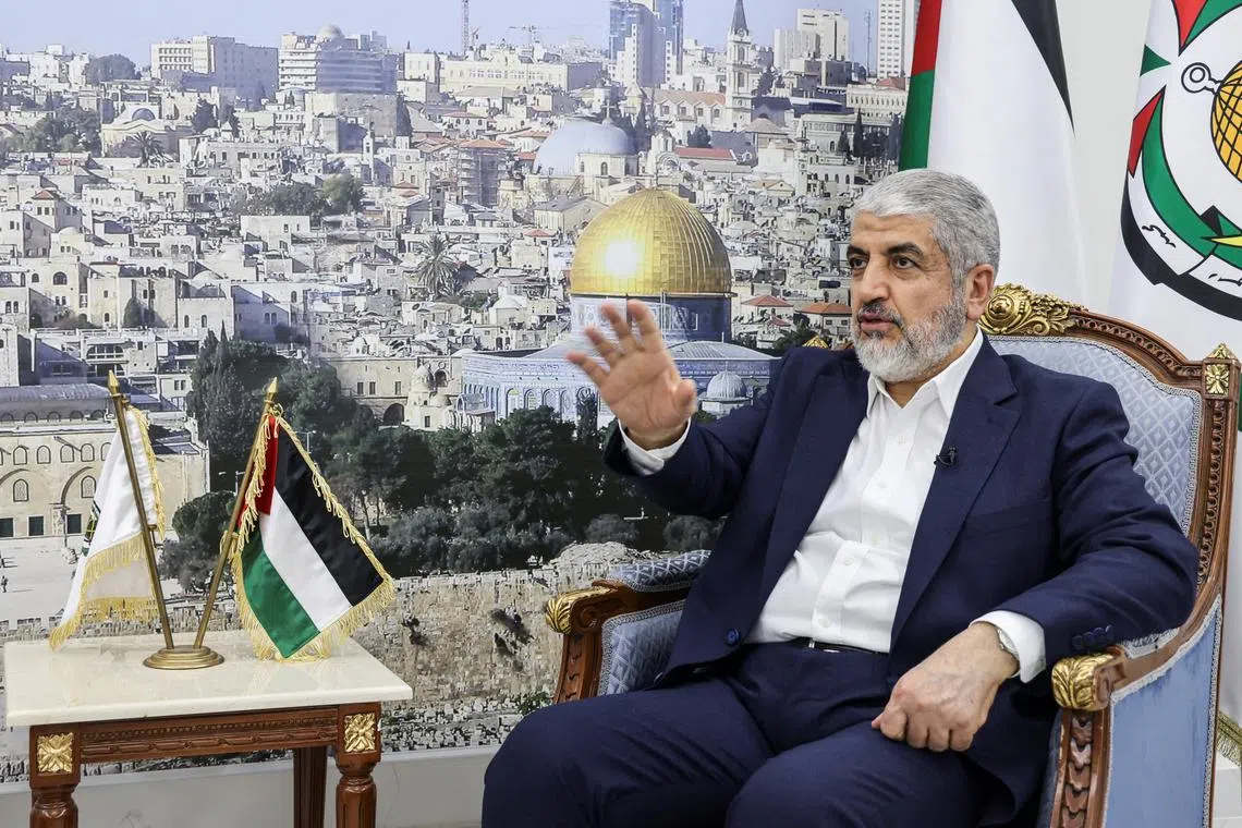 Former Hamas chief Khaled Meshaal speaks during an interview with Reuters in Doha, Qatar, October 5, 2024. REUTERS/Ibraheem Abu Mustafa