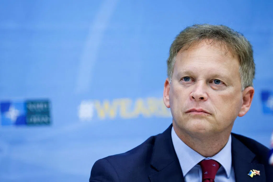FILE PHOTO: UK Defence Minister Grant Shapps looks on during the signing ceremony during a NATO Defence Ministers' meeting at the Alliance's headquarters in Brussels, Belgium October 11, 2023. REUTERS/Johanna Geron/File Photo