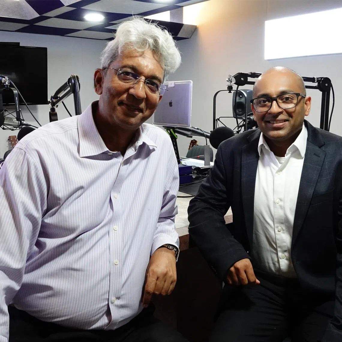 (From left) Ven Sreenivasan and head of research at Maybank Securities Thilan Wickramasinghe in the ST podcast studio.