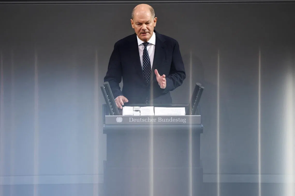 German Chancellor Olaf Scholz speaks during a session of the lower house of parliament Bundestag, in Berlin, Germany, October 16, 2024. REUTERS/Liesa Johannssen