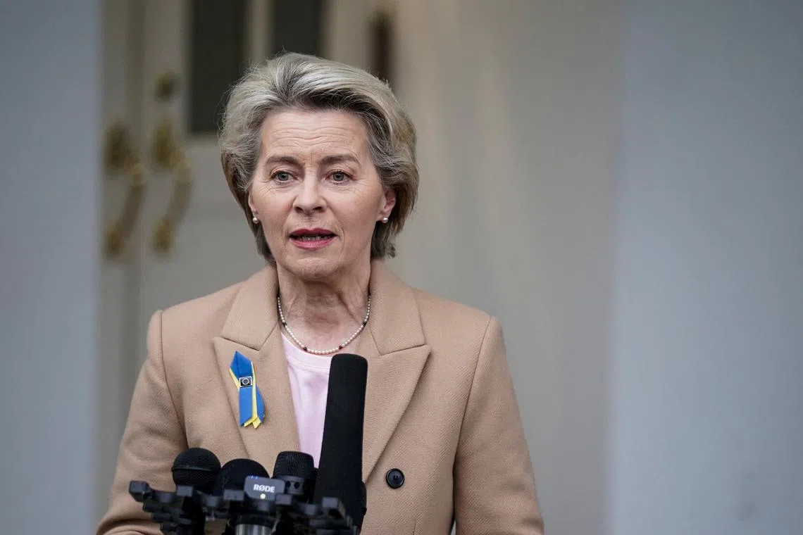 FILE PHOTO: President of the European Commission Ursula von der Leyen speaks to members of the press following a meeting with U.S. President Joe Biden outside of the West Wing of the White House in Washington, D.C., U.S., March 10, 2023. REUTERS/Sarah Silbiger/File Photo