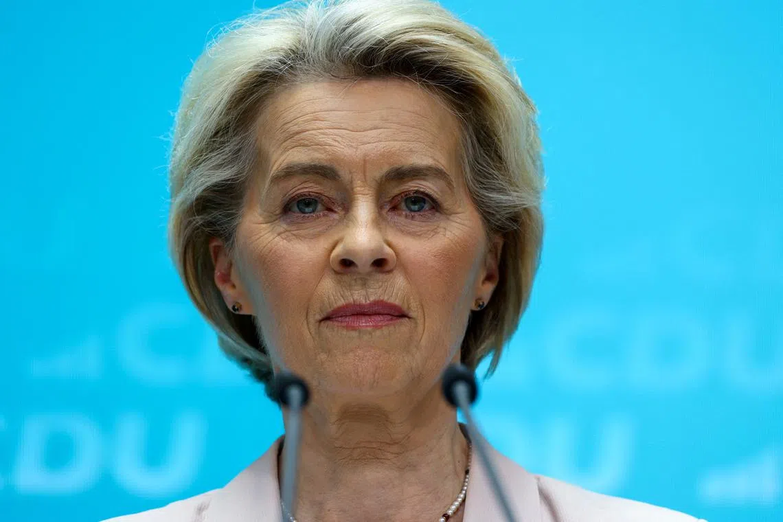 FILE PHOTO: European Commission President Ursula von der Leyen attends a press conference after a party leadership meeting following the EU elections, in Berlin, Germany, June 10, 2024. REUTERS/Nadja Wohlleben/File Photo