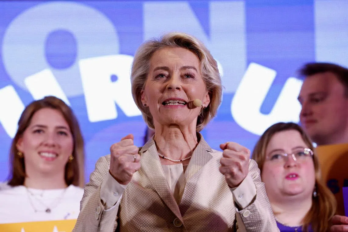 European Commission President Ursula von der Leyen speaks during an event at the European People's Party headquarters, on the day of the European Parliament elections in Brussels, Belgium, June 9, 2024. REUTERS/Piroschka van de Wouw   REFILE - CORRECTING LOCATION FROM \"European Parliament\" to \"European People's Party headquarters\