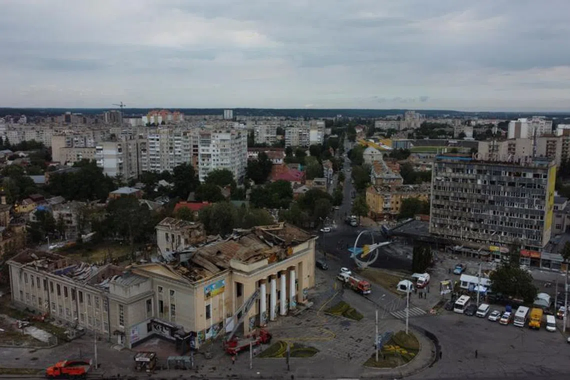 FILE PHOTO: An aerial view shows buildings damaged by a Russian missile strike in Vinnytsia, Ukraine July 15, 2022.  REUTERS/Stringer