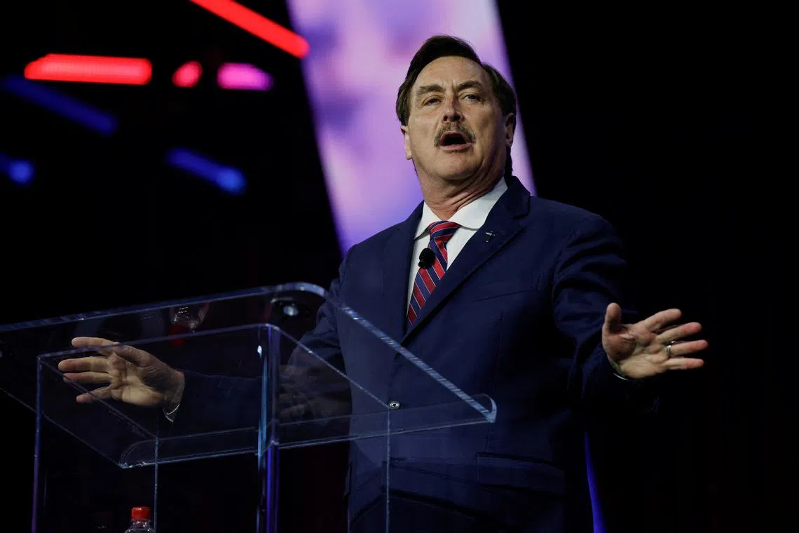 FILE PHOTO: Mike Lindell, business man also known as My Pillow Guy, speaks at an event held by the national conservative political movement, 'Turning Point' in Detroit, Michigan, U.S., June, 16, 2024. REUTERS/Rebecca cook/File Photo