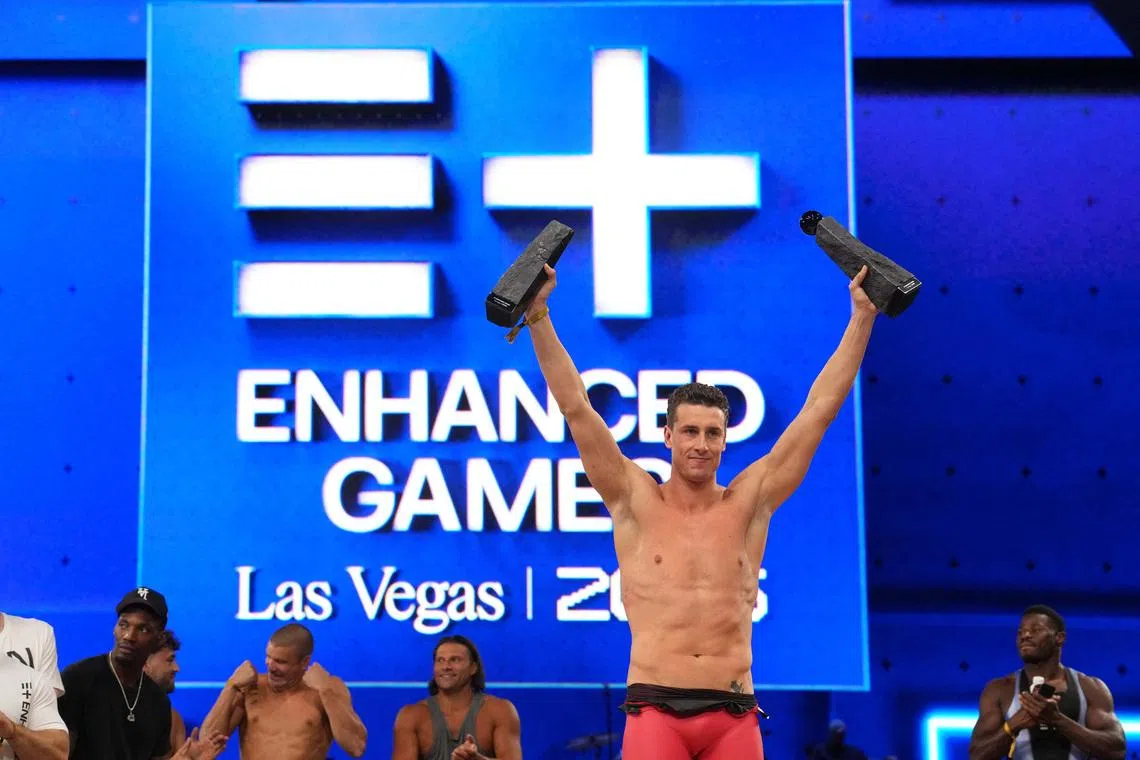 May 24, 2026; Las Vegas, NV, USA; Kristian Gkolomeev (GRE) poses after setting a world record in the 50m freestyle of 21.81 during the Enhanced Games at Resorts World Las Vegas. Mandatory Credit: Kirby Lee-Imagn Images