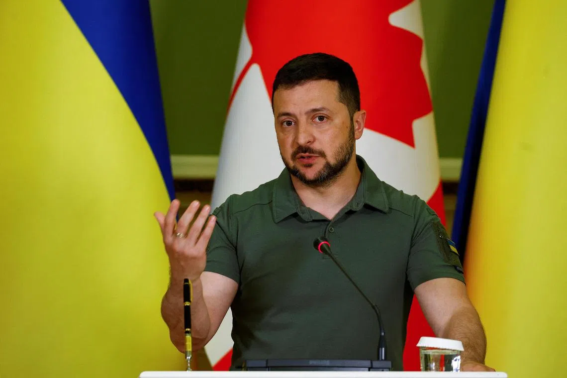 Ukraine's President Volodymyr Zelensky speaks during a joint press conference with Canadian Prime Minister Justin Trudeau, in Kyiv.