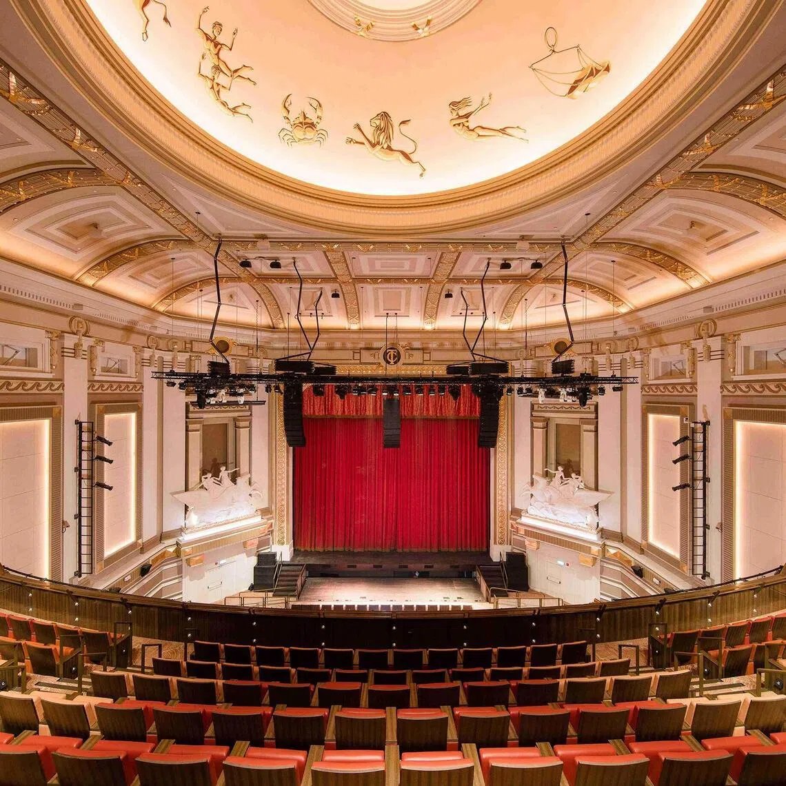 Capitol Theatre, view from level 2 to the stage, which is flanked by its signature Pegasus panels.