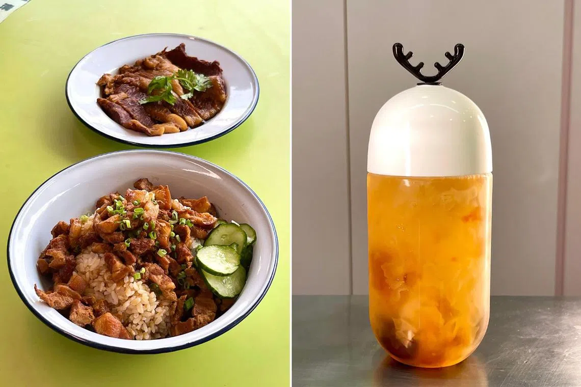 Left to right: Braised pork dishes at Zhu Zhu Zai and a housemade brew of peach gum from TeaGIF.