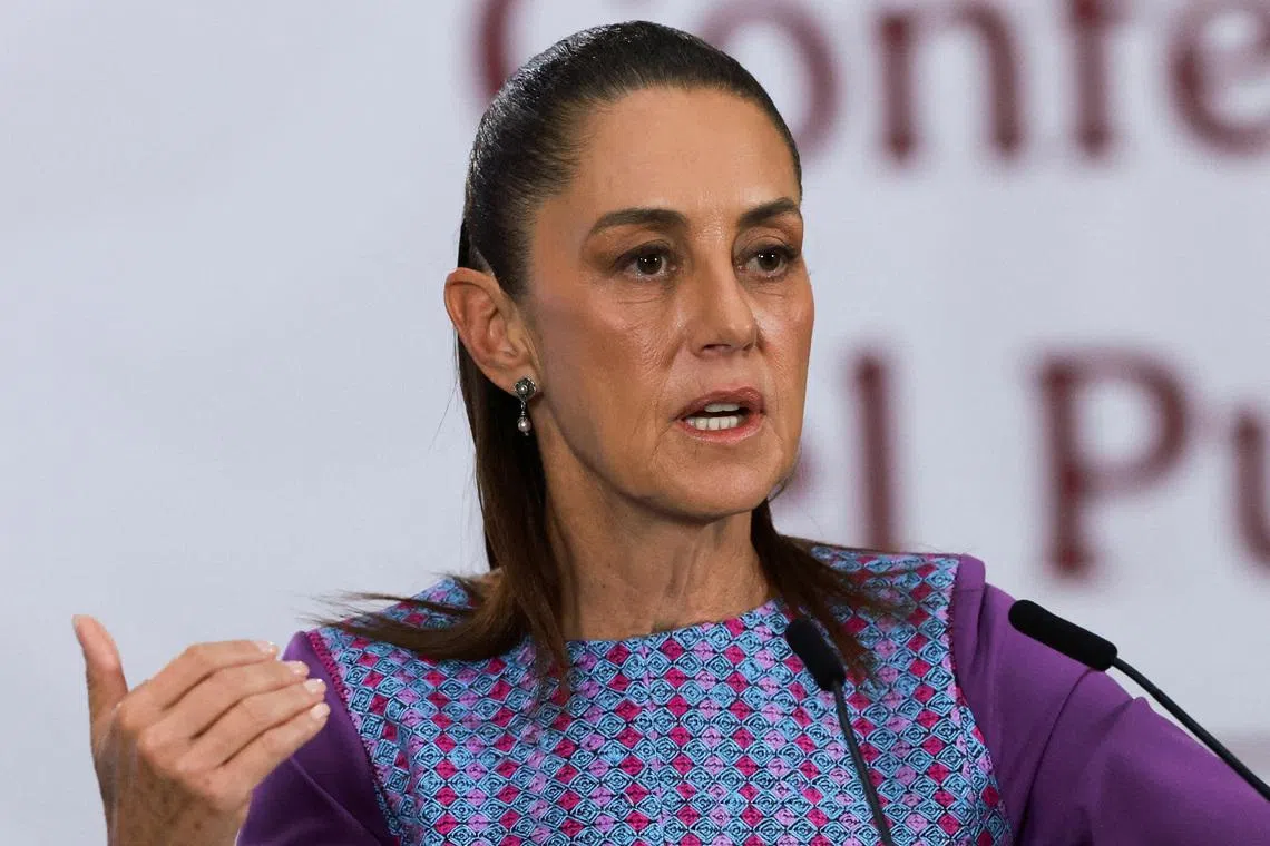 FILE PHOTO: Mexico's President Claudia Sheinbaum speaks during a daily press conference, after the U.S. Justice Department said it had charged the governor of Mexico's Sinaloa state, Ruben Rocha, and other officials for their alleged involvement with the Sinaloa Cartel at the National Palace, in Mexico City, Mexico April 30, 2026. REUTERS/Henry Romero/File Photo
