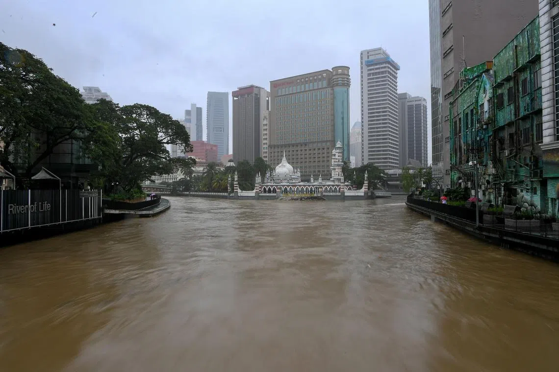 Elevated water levels seen in the Klang River in Kuala Lumpur, on Dec 18, 2021.