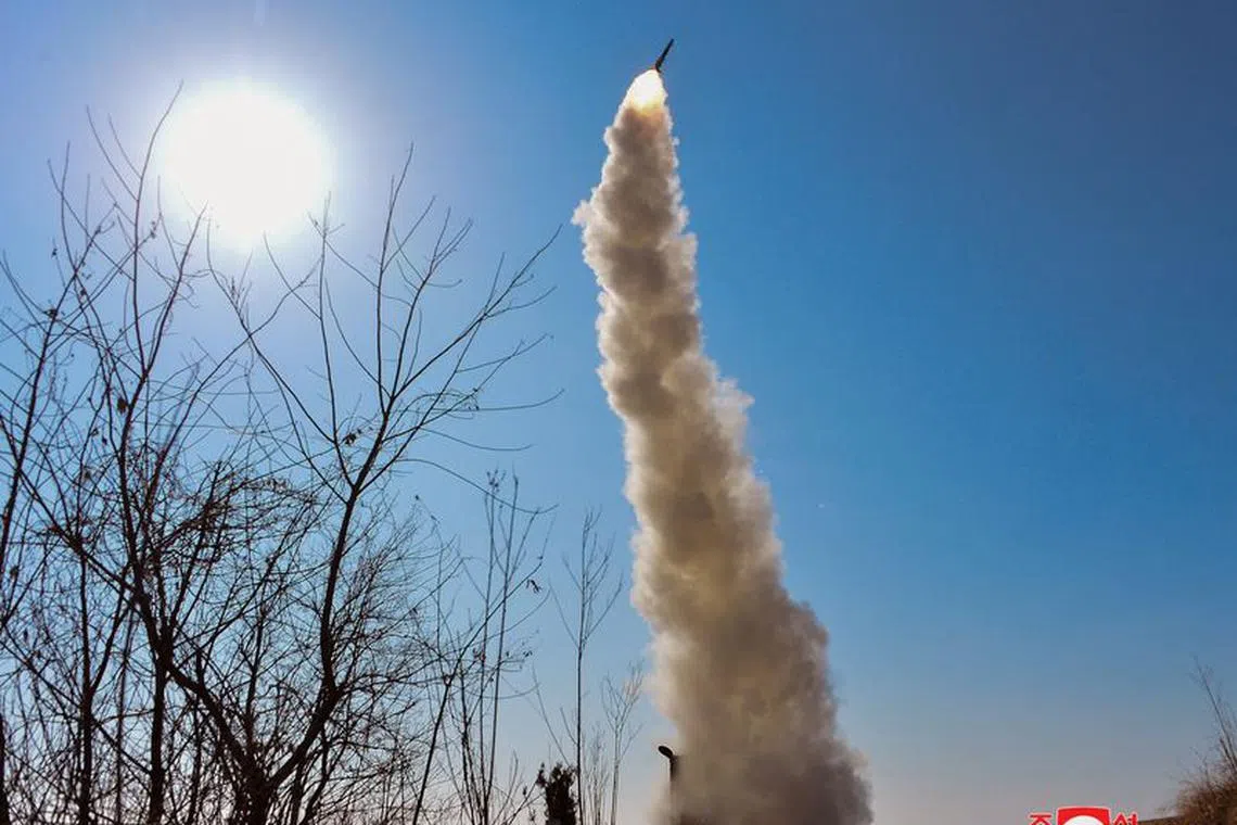 A missile is launched, as the state media report North Korea tested its new land-to-air cruise missiles off its west coast, North Korea, January 2, 2024. KCNA via REUTERS