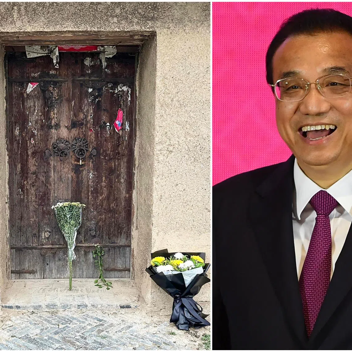 A cluster of bouquets was laid against the walls of Mr Li Keqiang's family home in Jiuzi village, Dingyuan county, where he lived throughout many of his school years. 