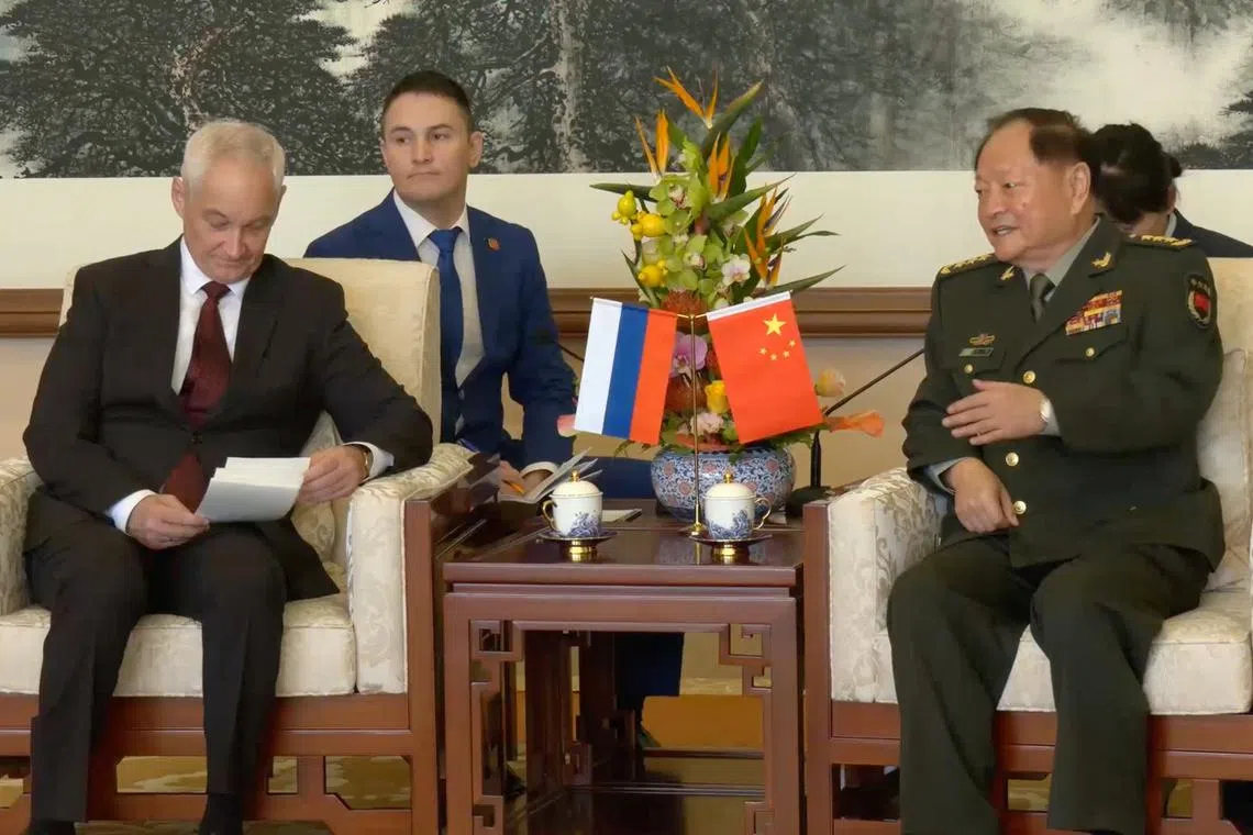 Andrei Belousov, Russia's Defence Minister, attends a meeting with Zhang Youxia, Vice Chairman of China's Central Military Commission, in Beijing, China, in this still image taken from video released on October 15, 2024. Russian Defence Ministry/Handout via REUTERS