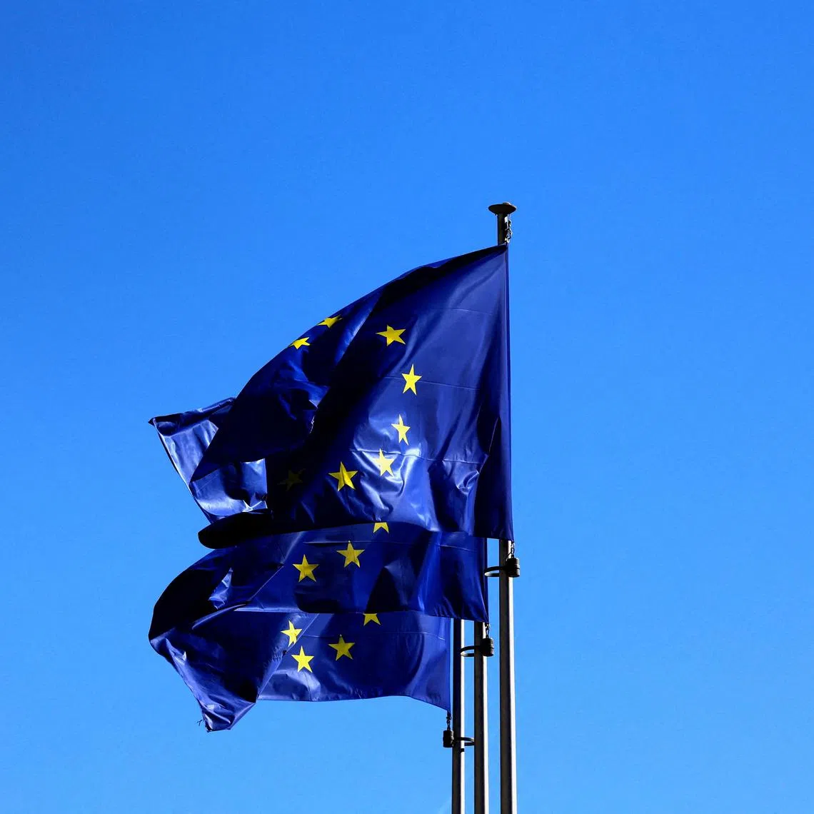 FILE PHOTO: European Union flags flutter outside the EU Commission headquarters in Brussels, Belgium March 18, 2025. REUTERS/Yves Herman/File Photo