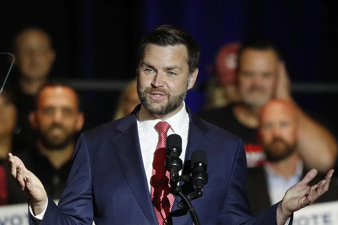 Former US president Donald Trump's running mate, Ohio republican senator and vice presidential candidate J.D. Vance campaigns at Middletown High School in his hometown, Middletown, Ohio, on July 22.
