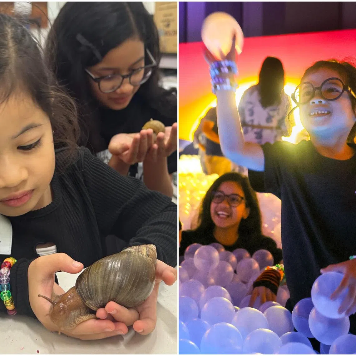 Kids enjoying close encounters with the snail at WholeSnail, Singapore's first snail farm (left), and playing in the Sunset Lagoon at Dopamine Land.
