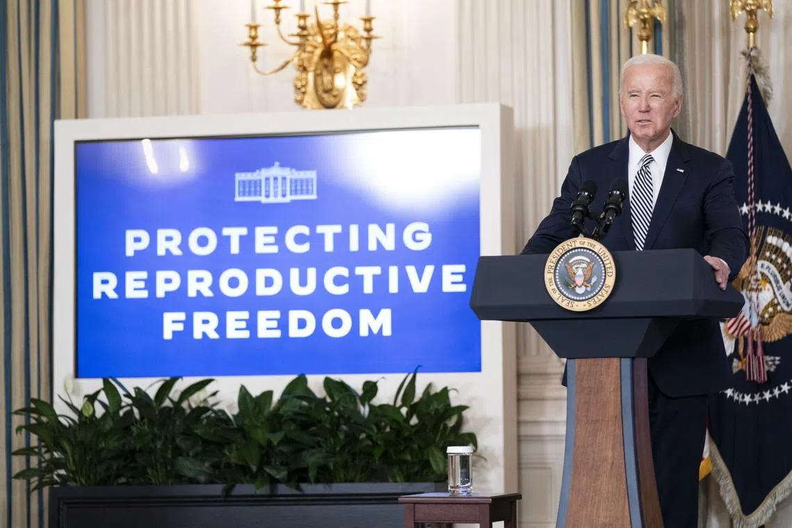 US President Joe Biden speaks during a Task Force on Reproductive Health Care Access meeting in the State Dining Room of the White House on Jan 22.