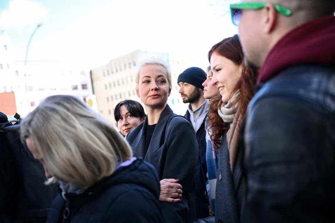 Yulia Navalnaya, the widow of Alexei Navalny, the Russian opposition leader who died in a prison camp, attends a protest against the re-election of incumbent President Vladimir Putin in front of the Russian Embassy on the final day of the presidential election in Russia, in Berlin, Germany, March 17, 2024. REUTERS/Annegret Hilse