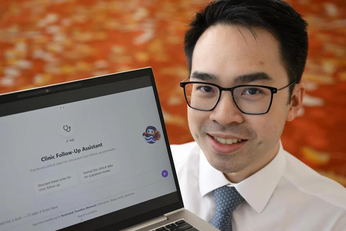 Cardiologist Kenneth Chew with a clinical assistant tool he developed using AgentSea, an agentic AI platform developed by Synapxe.