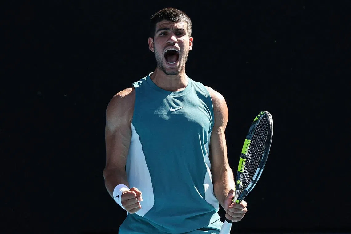 pain's Carlos Alcaraz celebrates the match point and victory against Portugal’s Nuno Borges at the Australian Open.