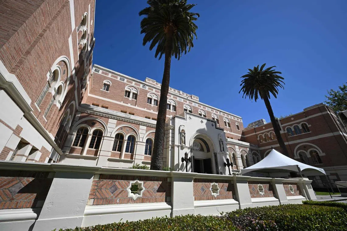 The Doheny Memorial Library is seen on the campus at the University of Southern California (USC) in Los Angeles, California on April 16, 2024. The University of Southern California (USC) on April 17, 2024 has canceled its plans for a graduation speech by a Muslim student over what it says are safety concerns, after pro-Israel groups criticized her selection. (Photo by Robyn Beck / AFP)