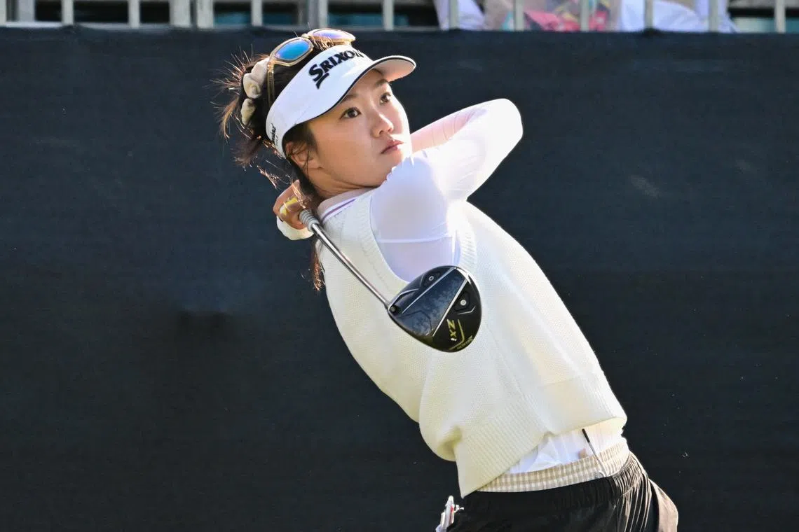 May 30, 2025; Erin, Wisconsin, USA; Grace Kim tees off at the 1st hole during the second round of the U.S. Women's Open golf tournament. Mandatory Credit: Benny Sieu-Imagn Images