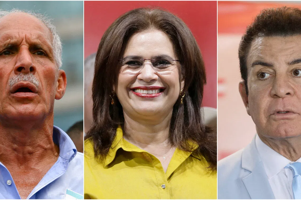 FILE PHOTO: A combination picture shows presidential candidate Nasry Asfura of the National Party of Honduras (PN) attending a campaign rally in Tegucigalpa, Honduras, November 8, 2025; presidential candidate Rixi Moncada of the Honduras' Liberty and Refoundation Party (LIBRE) attending a campaign rally in Tegucigalpa, Honduras, October 31, 2025; and presidential candidate Salvador Nasralla of the Honduras' Liberal Party (PLH) attending a meeting with university students in Tegucigalpa, Honduras, October 30, 2025, as the November 30 general election approaches.  REUTERS/Leonel Estrada and Fredy Rodriguez/File Photo