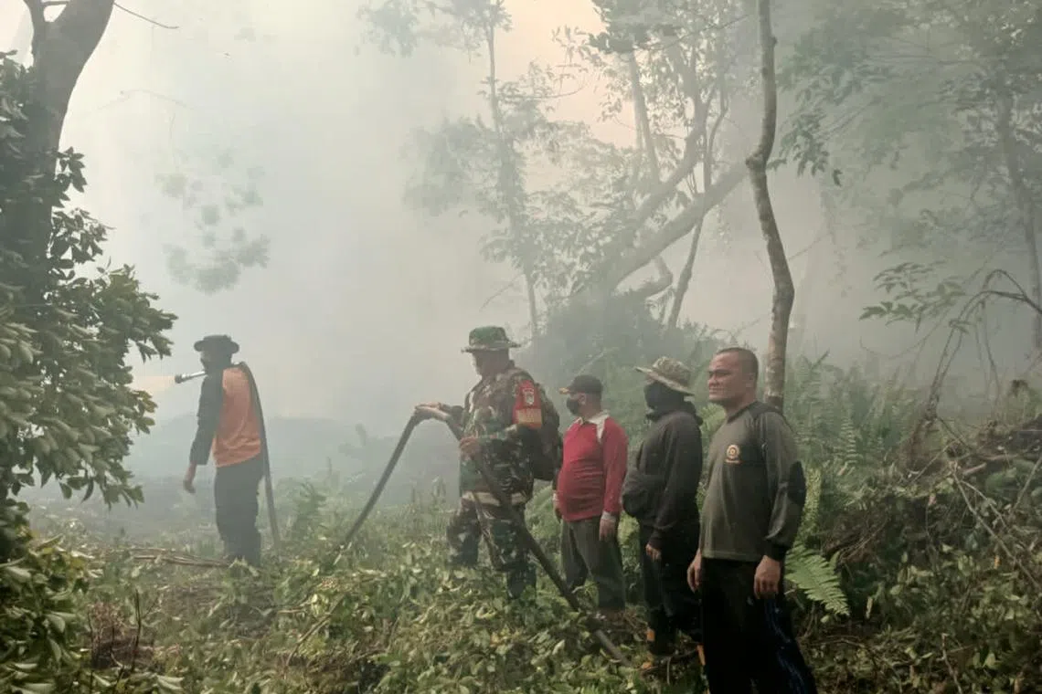 Local authorities and disaster management officials working to douse a fire at a rubber plantation in Pedekik village, Bengkalis regency, Riau province, on March 27.