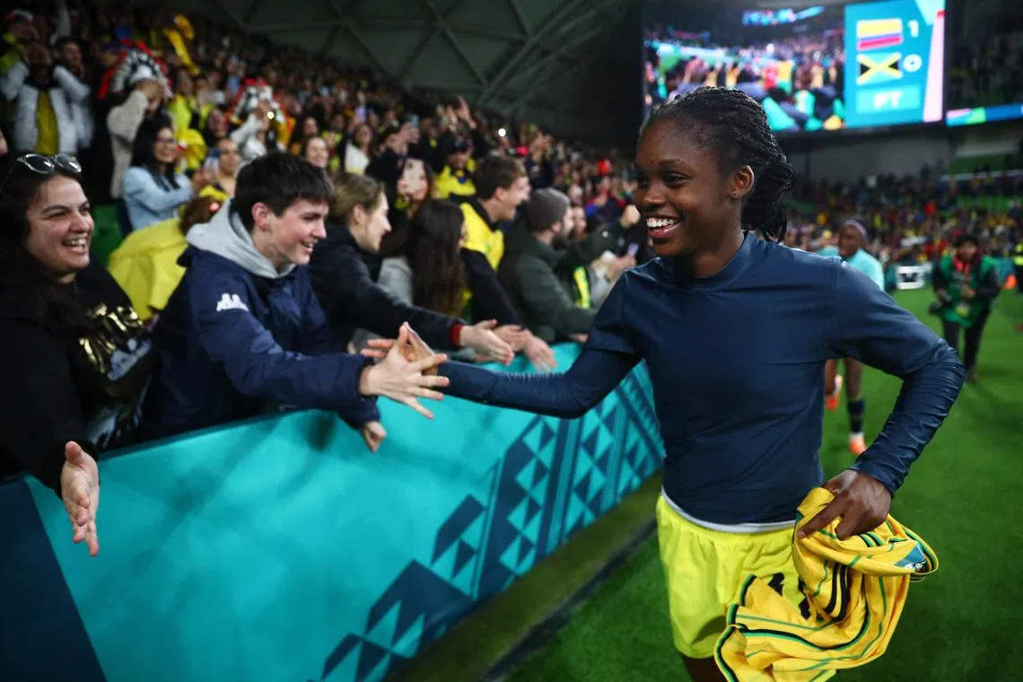 Colombia's Linda Caicedo celebrating with fans after they defeated Jamaica to progress to the quarter-finals of the World Cup.