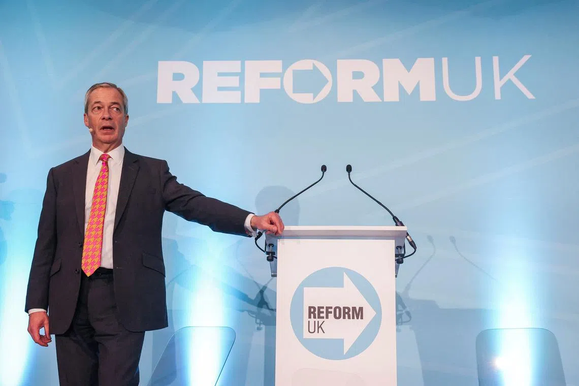 FILE PHOTO: Britain's Reform UK party leader Nigel Farage speaks, during a conference in Chester, Britain January 11, 2025. REUTERS/Temilade Adelaja/File Photo
