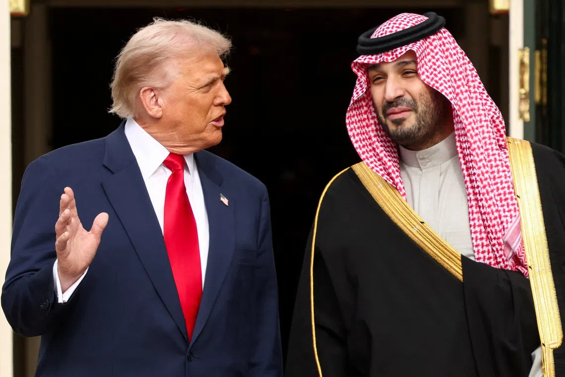 US President Donald Trump (left) welcoming Saudi Crown Prince Mohammed bin Salman to the White House on Nov 18.