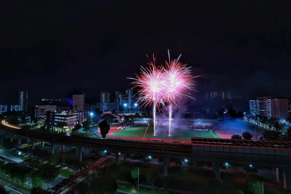 A fireworks display lasting almost six minutes during the GetActive! Singapore Heartlands Festival at Woodlands Stadium on Aug 6.