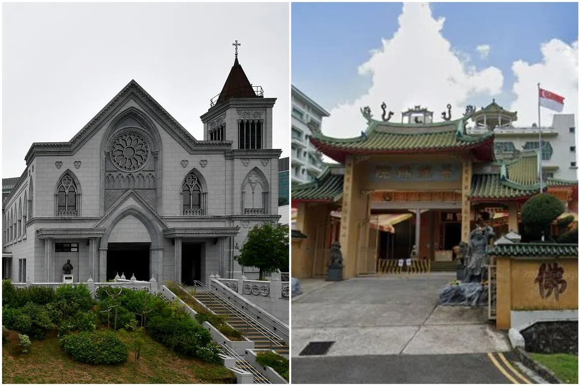 The Church of St Alphonsus (left) in Thomson Road and the Pu Ti Buddhist Temple in Punggol Road were among six places of worship targeted by the men.