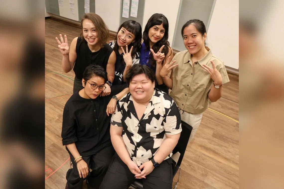 (Back row, from left) Cast members Eve Voigtlander, Tan Rui Shan, Mehr Dudeja, Yap Yi Kai and (front row, from left) Farah Ong with director Deonn Yang.