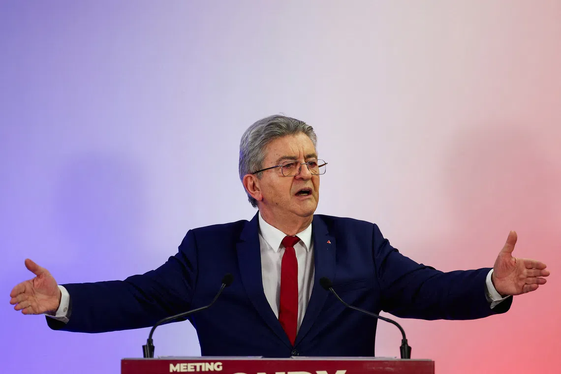 Jean-Luc Melenchon, leader of French far-left opposition party La France Insoumise (France Unbowed - LFI), delivers a speech during a campaign rally to support the list \"Etre Bondy\" for the upcoming mayoral election in Bondy near Paris, France, March 4, 2026. REUTERS/Abdul Saboor