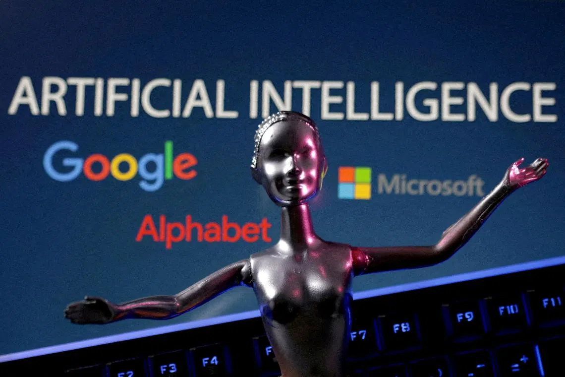 FILE PHOTO: Google, Microsoft and Alphabet logos and AI Artificial Intelligence words are seen in this illustration taken, May 4, 2023. REUTERS/Dado Ruvic//File Photo