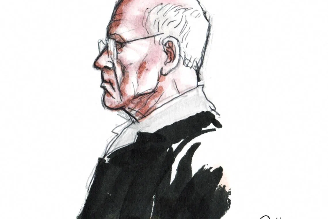 FILE PHOTO: French ex-surgeon Joel Le Scouarnec, accused of the aggravated rape and sexual assault against hundreds of children during three decades, is seen during his trial at the courthouse in Saintes,  France, March 3, 2020 in this courtroom sketch. REUTERS/Alain Paillou/File Photo
