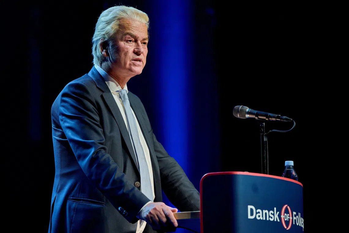 Dutch politician Geert Wilders and leader of Party for Freedom speaks during the Danish People's Party annual meeting in Tinghallen, Viborg, Denmark, Saturday, September 27, 2025. The 30th anniversary of the Danish People's Party is celebrated during the annual meeting.  Ritzau Scanpix/Mikkel Berg Pedersen/via REUTERS