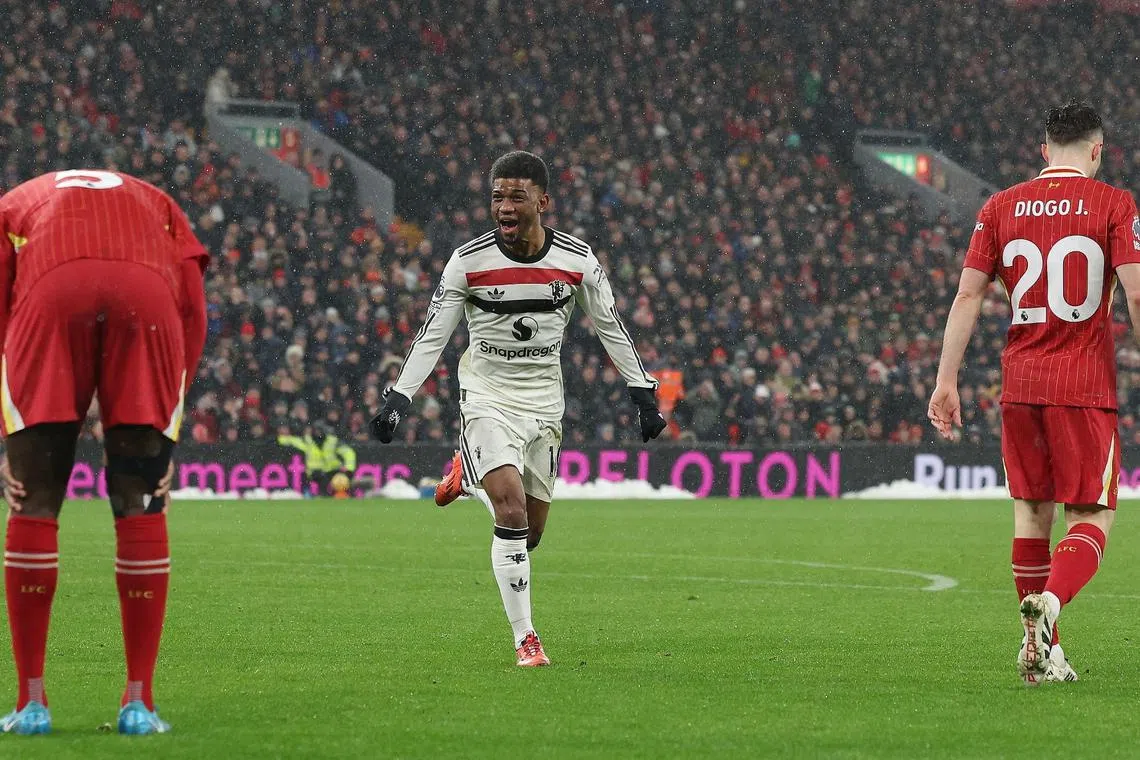 Manchester United's Amad Diallo celebrates after scoring the equaliser in their 2-2 draw against Liverpool at Anfield on Jan 5.