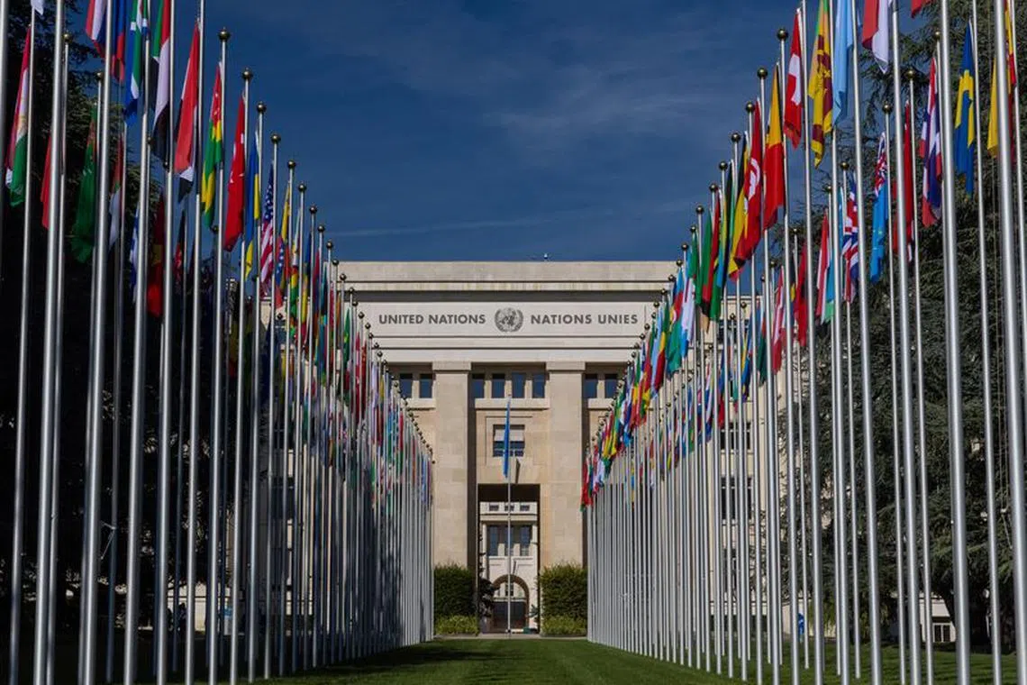 FILE PHOTO: The flag alley at the United Nations European headquarters is seen during the Human Rights Council in Geneva, Switzerland, September 11, 2023.  REUTERS/Denis Balibouse/File Photo