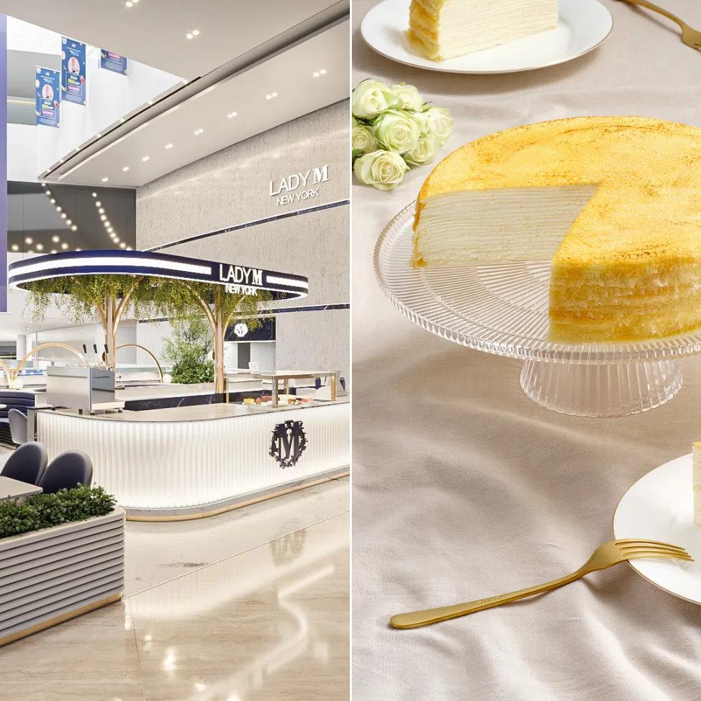 An artist's impression (left) of the Lady M boutique at Jewel Changi Airport. The brand is best known for its signature mille crepes cake. 