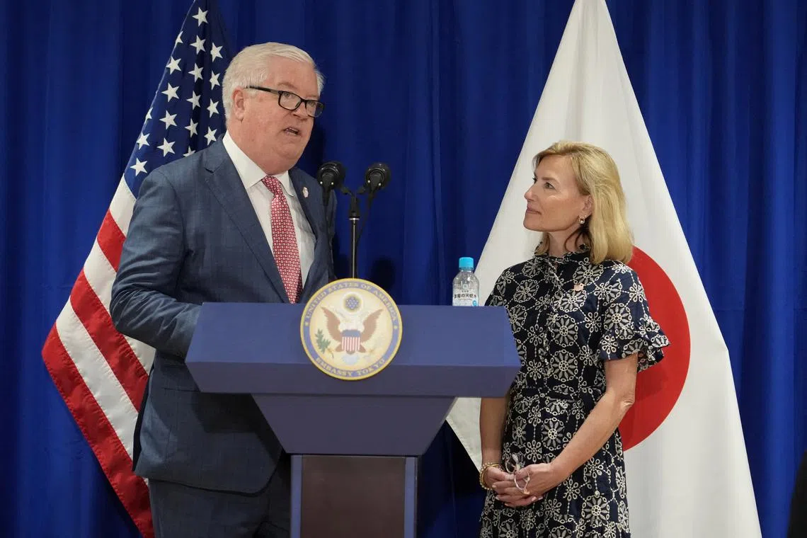 New US Ambassador to Japan George Glass and his wife Mary attend a press conference after their arrival at Haneda Airport in Tokyo, Japan, on April 18, 2025.     KAZUHIRO NOGI/Pool via REUTERS