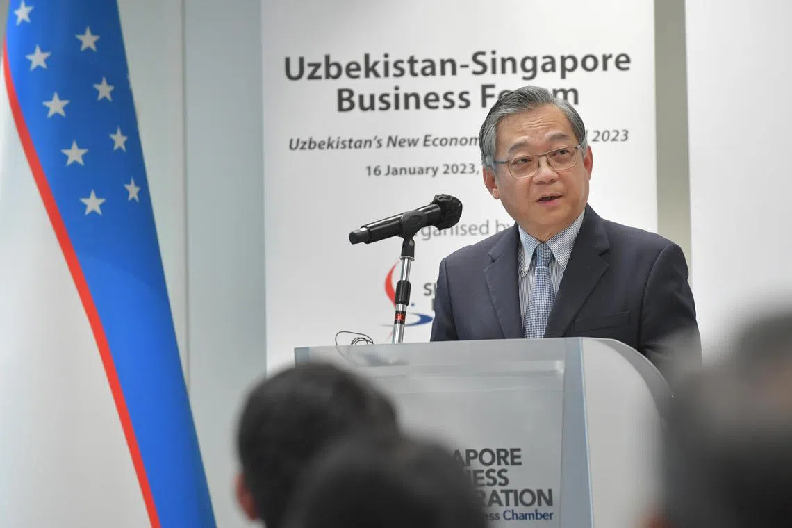 Minister for Trade and Industry Gan Kim Yong speaking at the the Uzbekistan-Singapore business forum on Jan 16, 2023. 