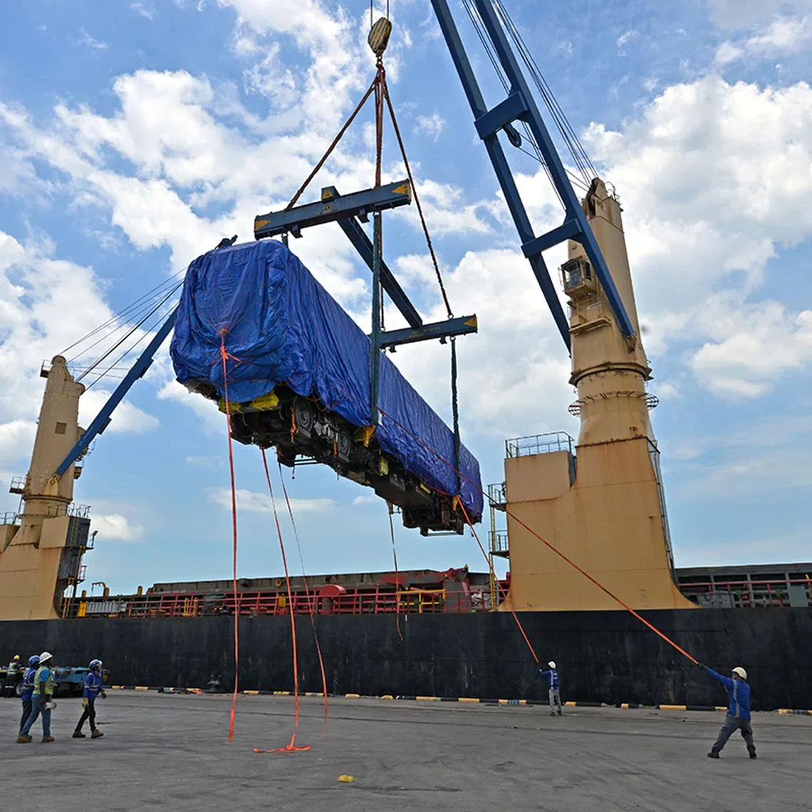 #ST20250403_202551000765/Desmond Foo/ Captions to come. Arrival of Johor Bahru-Singapore Rapid Transit System (RTS) Link trains at Jurong Port in Singapore. pixrts00 ST20250403_202551000765