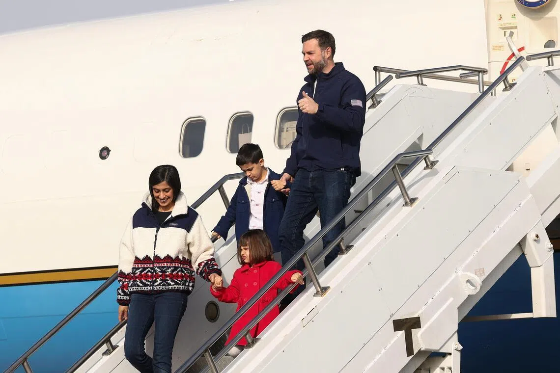 US Vice President JD Vance, second lady Usha Vance, their daughter Mirabel and son Vivek disembark Air Force Two as they arrive ahead of the Milano Cortina 2026 Winter Olympic Games in Milan, Italy, on Feb 5.