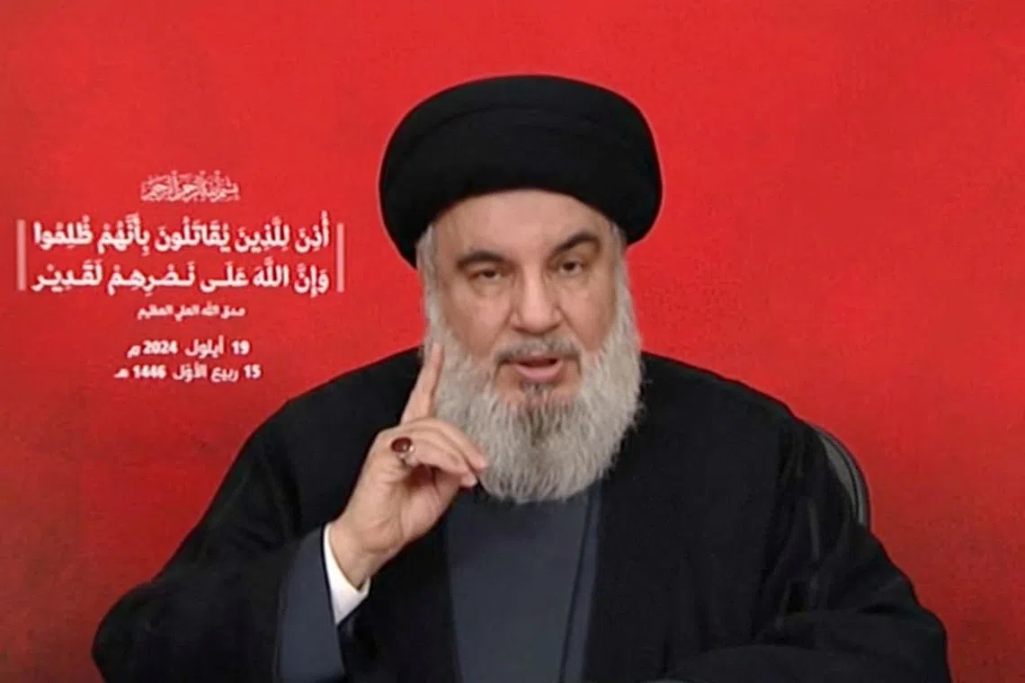 FILE PHOTO: Hezbollah leader Sayyed Hassan Nasrallah gives a televised address, Lebanon, September 19, 2024, in this screenshot taken from a video. Al-Manar TV via REUTERS/File photo