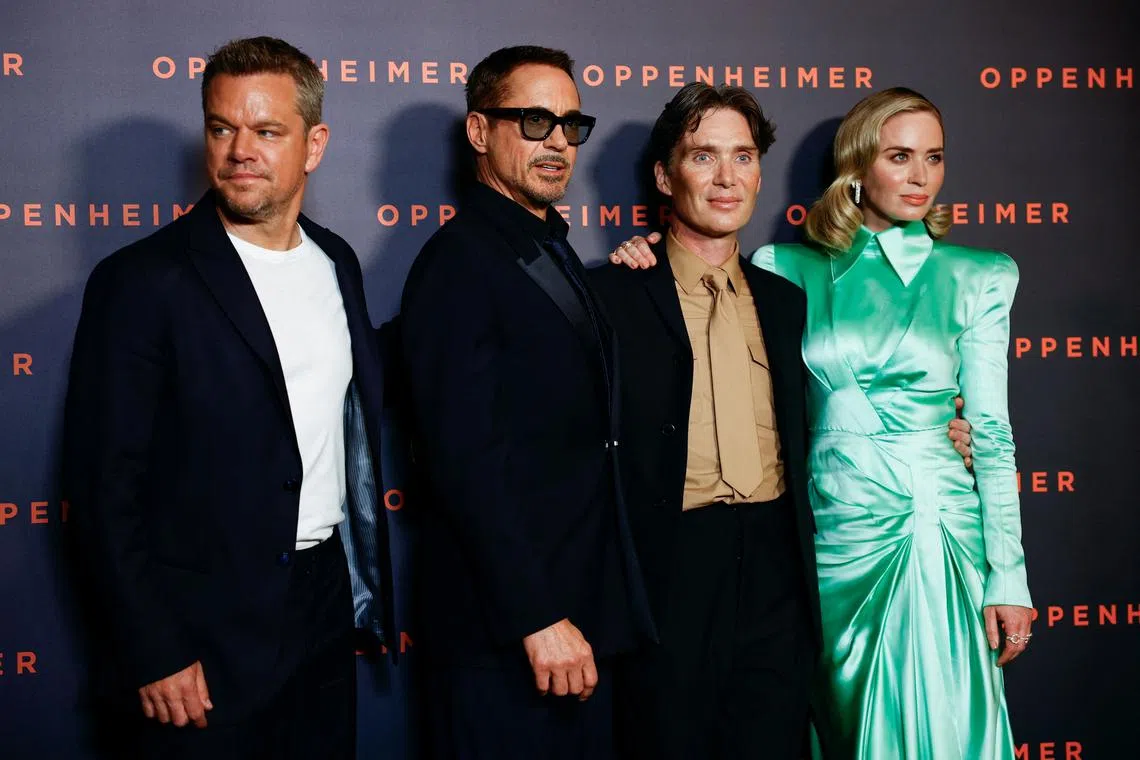 (From left) Oppenheimer cast members Matt Damon, Robert Downey Jr., Cillian Murphy and Emily Blunt during the premiere of the film at the Grand Rex in Paris, France, on July 11.
