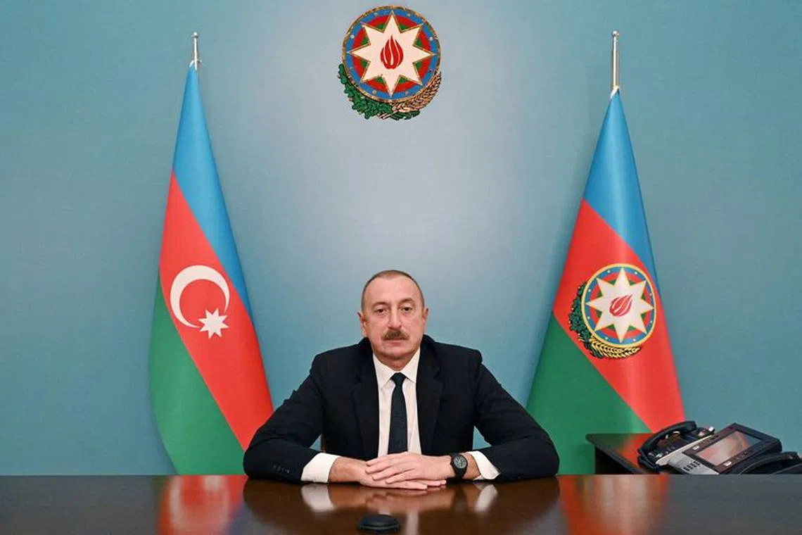 FILE PHOTO: Azerbaijani President Ilham Aliyev delivers a televised address to the nation in Baku, Azerbaijan, September 20, 2023. Press Service of the President of Azerbaijan Ilham Aliyev/Handout via REUTERS/File Photo