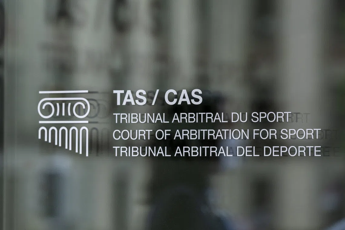 A logo is pictured on the new headquarters for the Court of Arbitration for Sport (CAS), an independent institution that resolves around 900 legal disputes in the field of sport through arbitration and mediation, in Lausanne, Switzerland, June 27, 2022.  REUTERS/Denis Balibouse